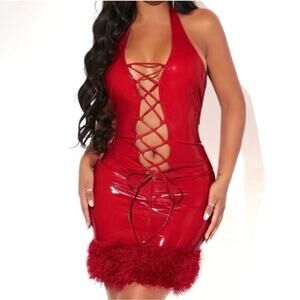 Valentine’s Biker Goth Rave
 Lace Up Front Vegan Leather Halter Fuzzy Hem Bottom